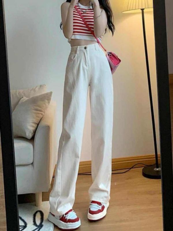 

Free Shipping: Women s High Waist Wide Leg White Cropped Jeans for Spring & Summer. L