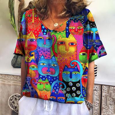 Women's T-shirt Cartoon Cat Print Summer V-neck Short-sleeved Kawaii Fashion Casual Fun Women's Retro Clothing