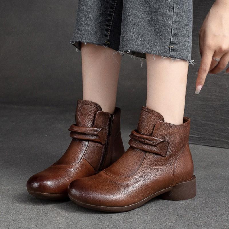 Johnature Cizme scurte retro de culoare solidă din piele naturală cu vârf rotund cu fermoar lateral cu toc mic pantofi casual damă
