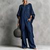 VEZFAA Moda Donna Casual Estate Primavera Colore Solido Stampa Manica 3/4 Scollo O Pantaloni Completi