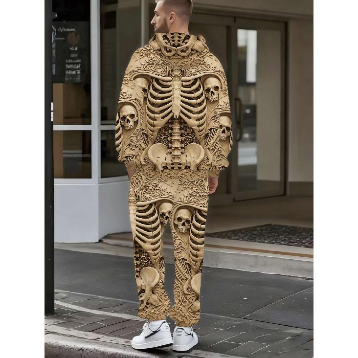 Fashion Casual Autumn Winter Men's Set, Skeleton Floral Carved 3D Print Long Sleeve Hooded Sweatshirt and Pants, 2pcs, Gothic & Streetwear Style,