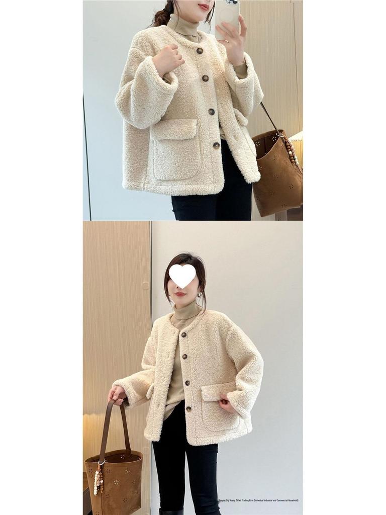 Women's Shearling Coat 2025 Autumn/Winter: Versatile Korean Style, Age-Reducing Loose Fit, Round Neck Top