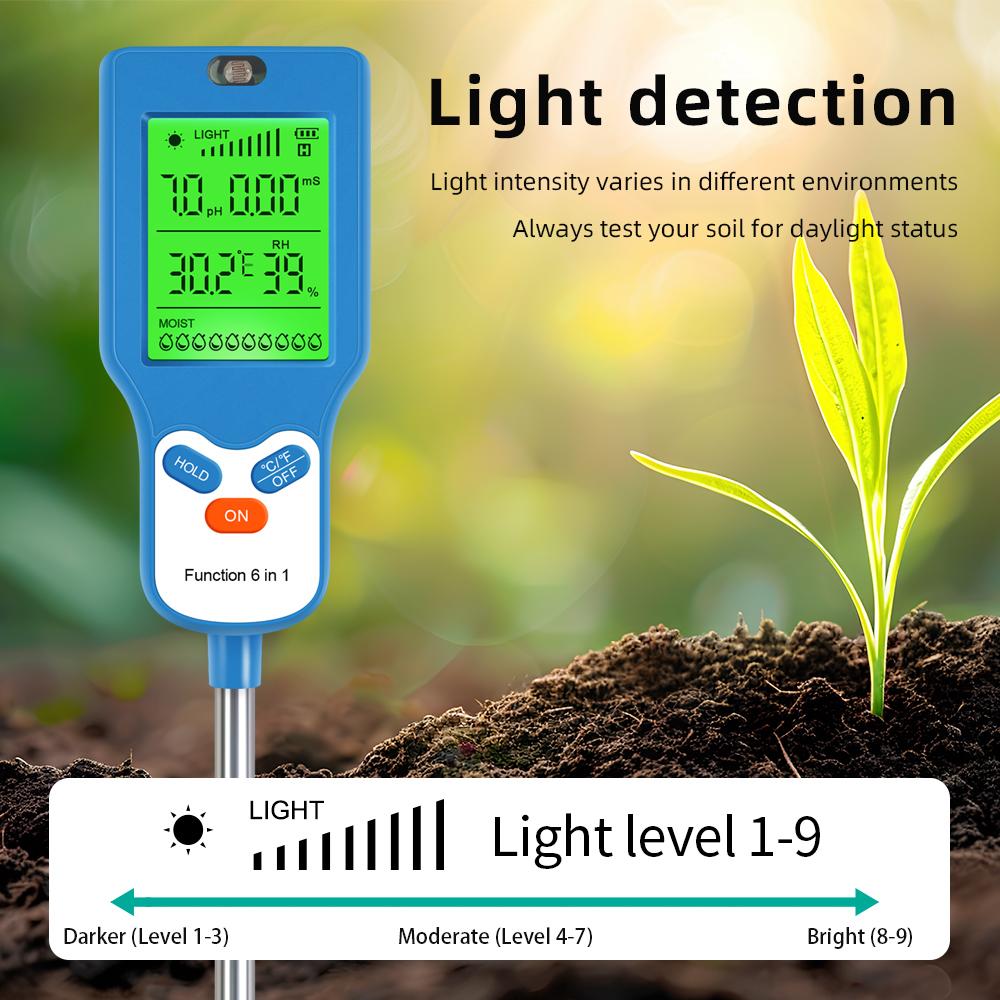 Yieryi 6 In 1 Soil PH Meter Moisture Temperature Light EC Fertility Tester Digital Garden Plant Soil Detector for Vegetable Farm