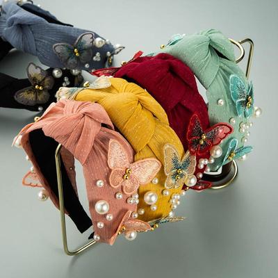 Women's Lace Face Wash Hair Band Butterfly Pearl Fabric Solid Color Wide Edge Cross Knot Headband