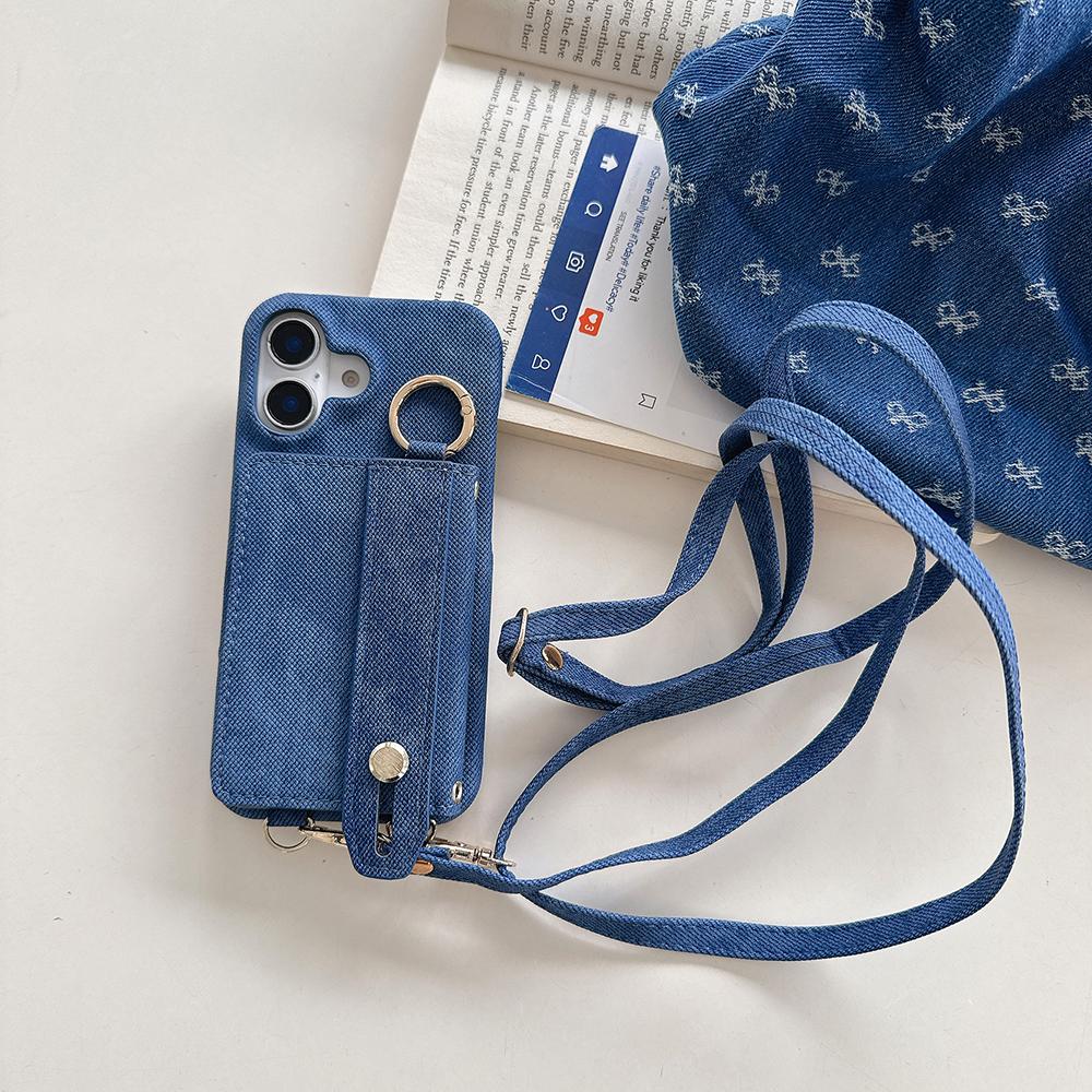 Crossbody Cards Solt Wallet Cowboy Ring Holder Case For iPhone 16 Pro Max 15 Plus 14 13 12 Long Lanyard Wristband Denim Cover