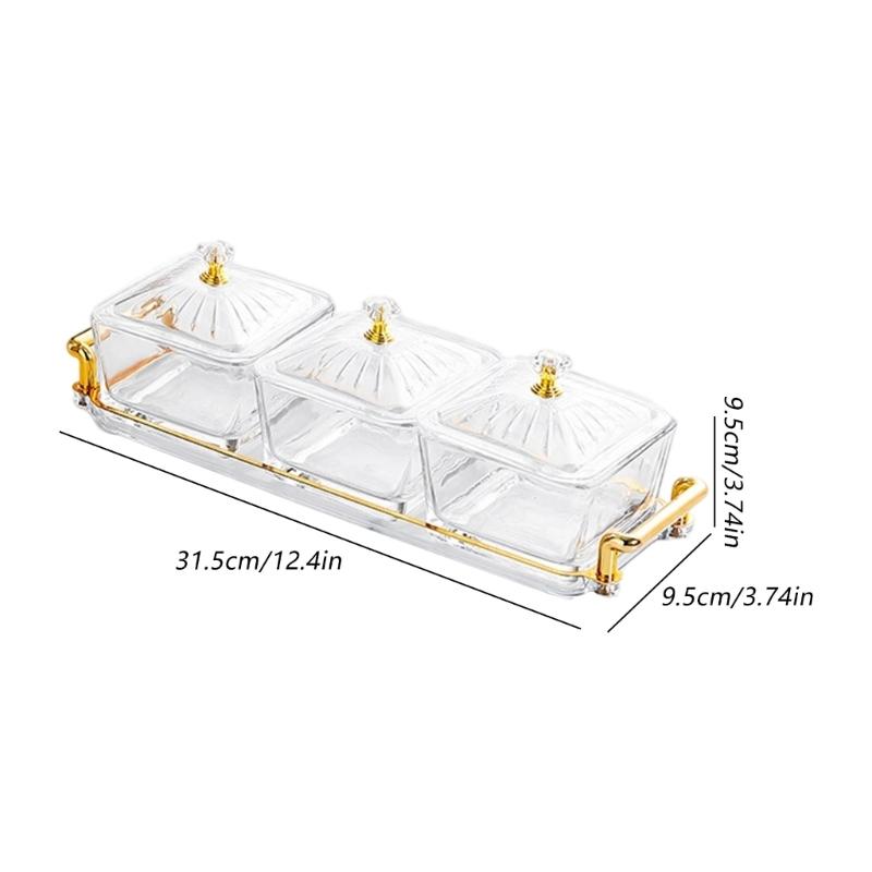 Glass 3 Section Snacks Organizers With Protective Lid And Tray and Removable Bowls For Kitchen Dining Room Display