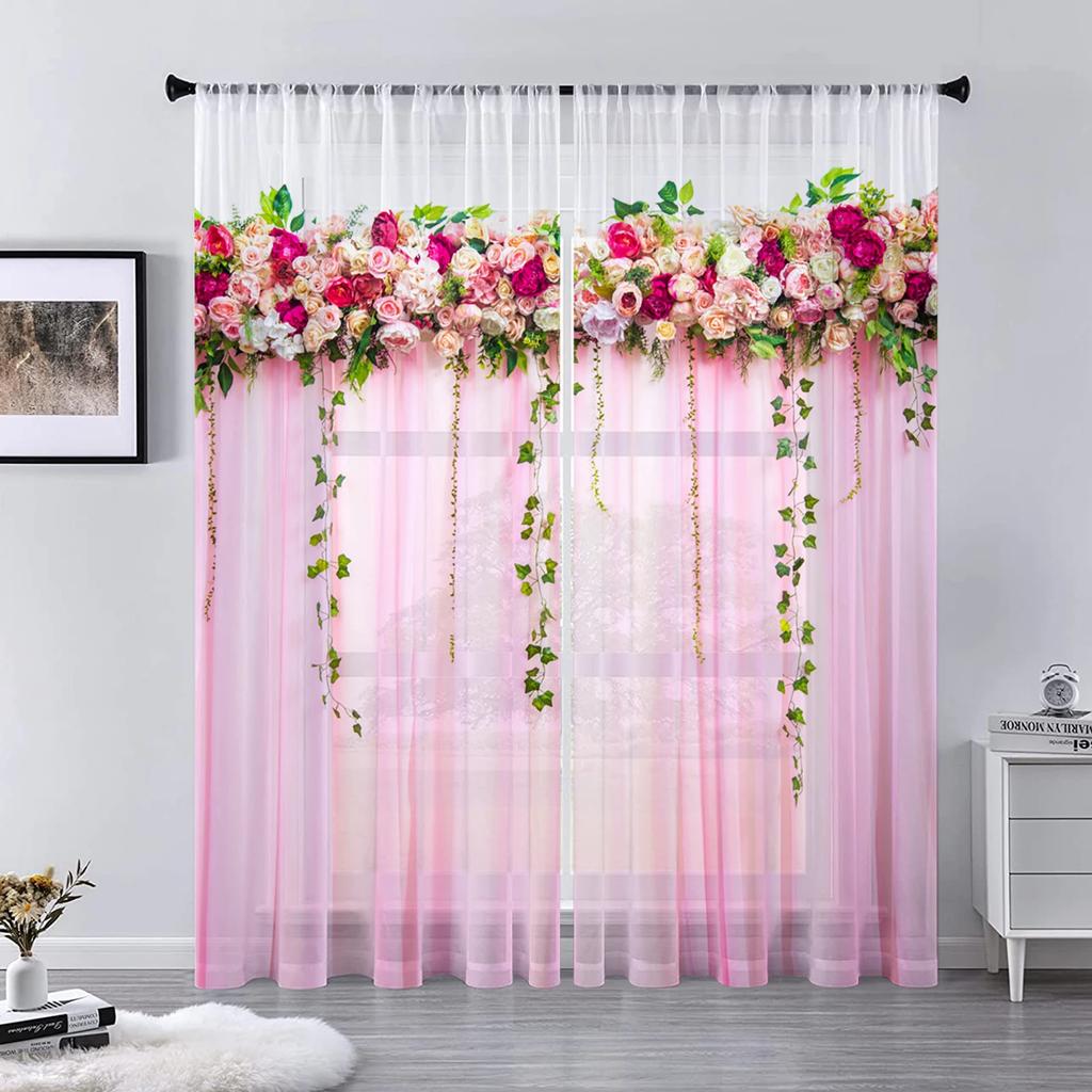 Flower Wall Voile Curtains Living Room Bedroom Decoration Transparent Chiffon Tulle Curtain Kitchen Window Treatment Sheer Polyester Sitting Decor