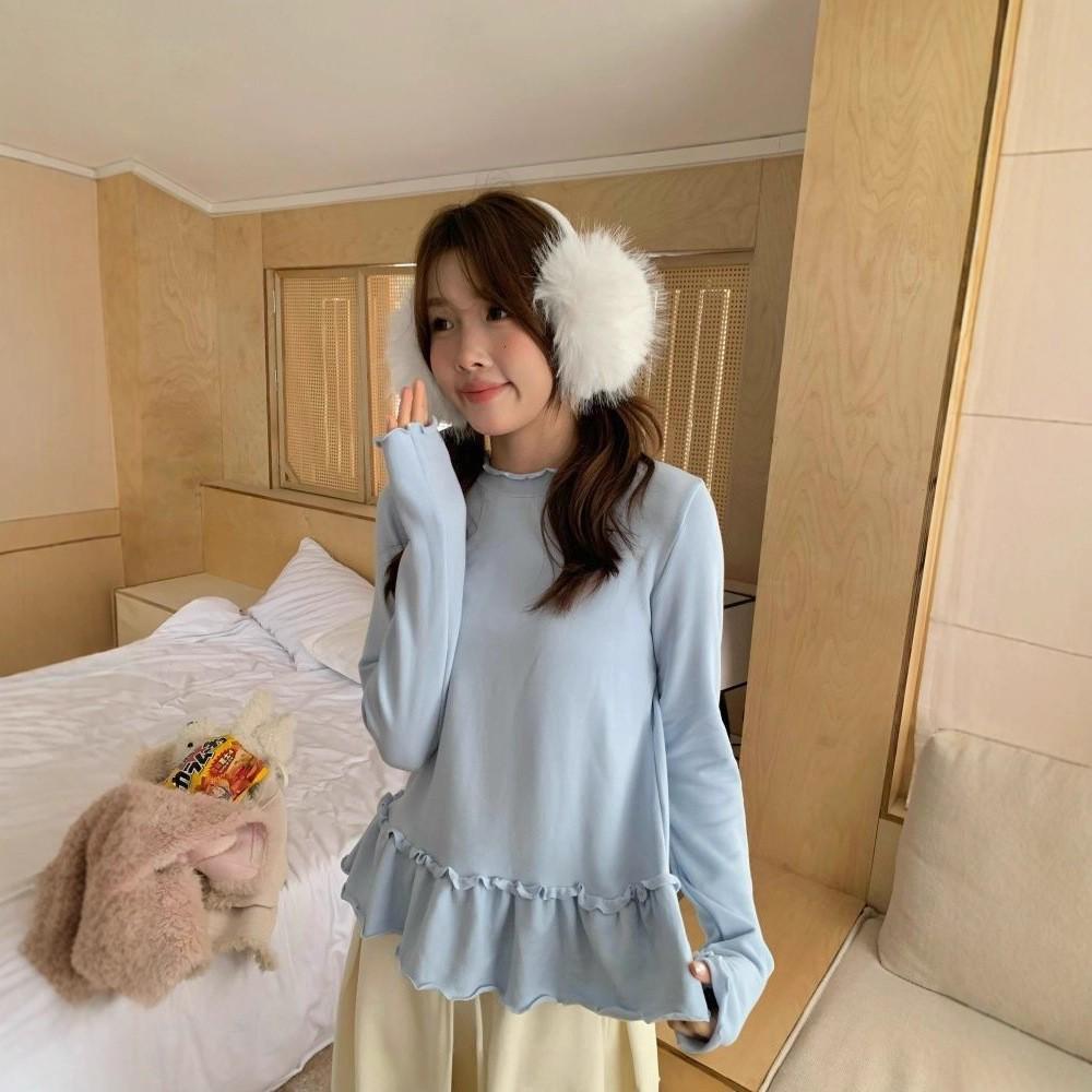 

Women s Autumn Winter Ruffle Patchwork Thermal Long Sleeve Casual Base Layer Top M синій