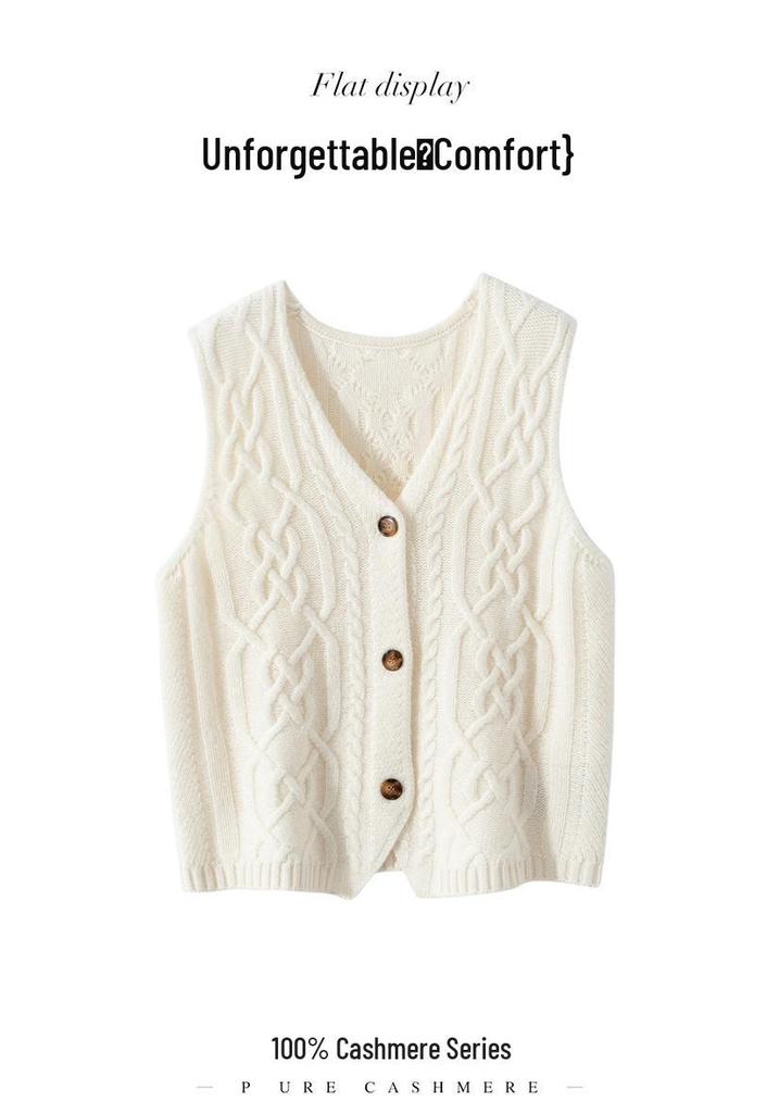 Women's 100% Pure Cashmere Cable Knit V-Neck Sleeveless Cardigan