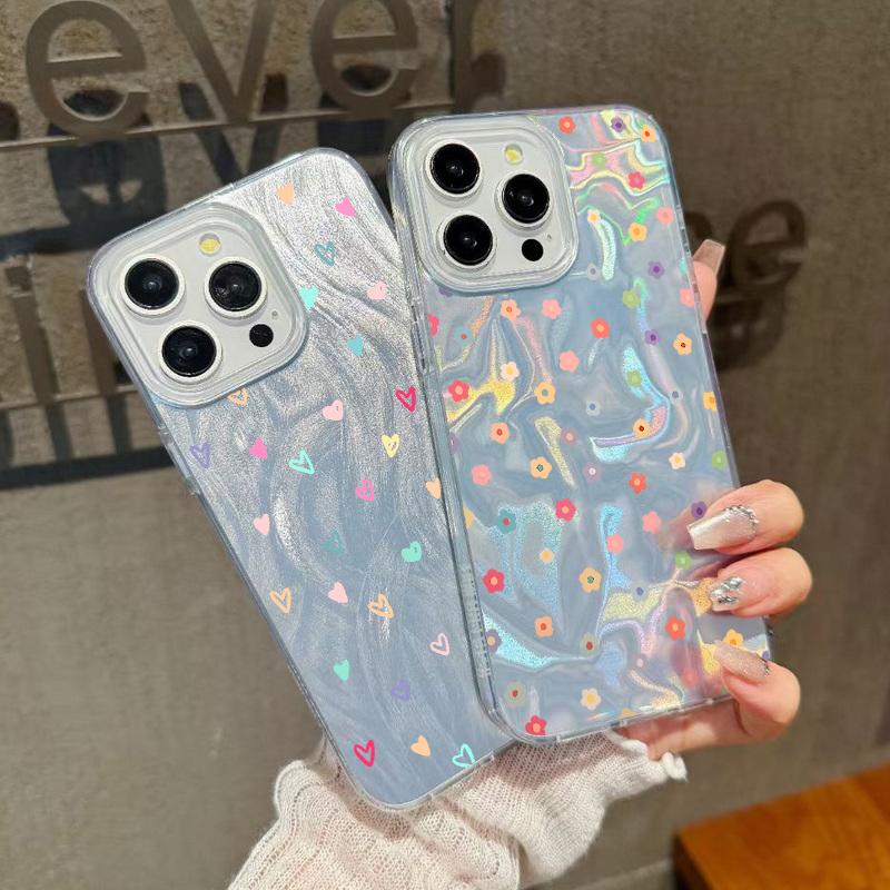 Little Flower Love Hearts Print Glitter Glossy Case For iPhone 16 15 Pro 14 Pro Max 13 12 11 Luxury Stars Pattern Shockproof Slim Clear Phone Cover