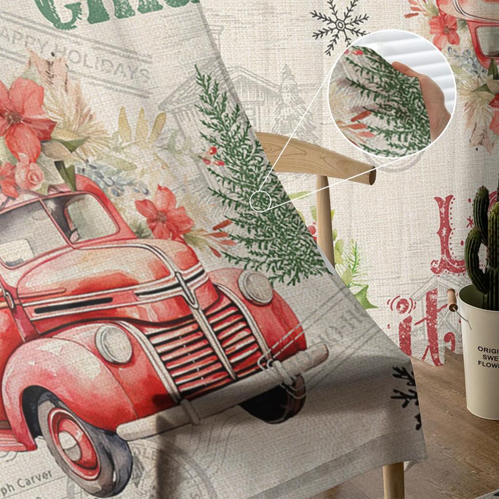 Christmas Poinsettia Vintage Stamp Truck Window Tulle Curtains For Living Room Kitchen Christmas Home Decor Sheer Voile Curtains