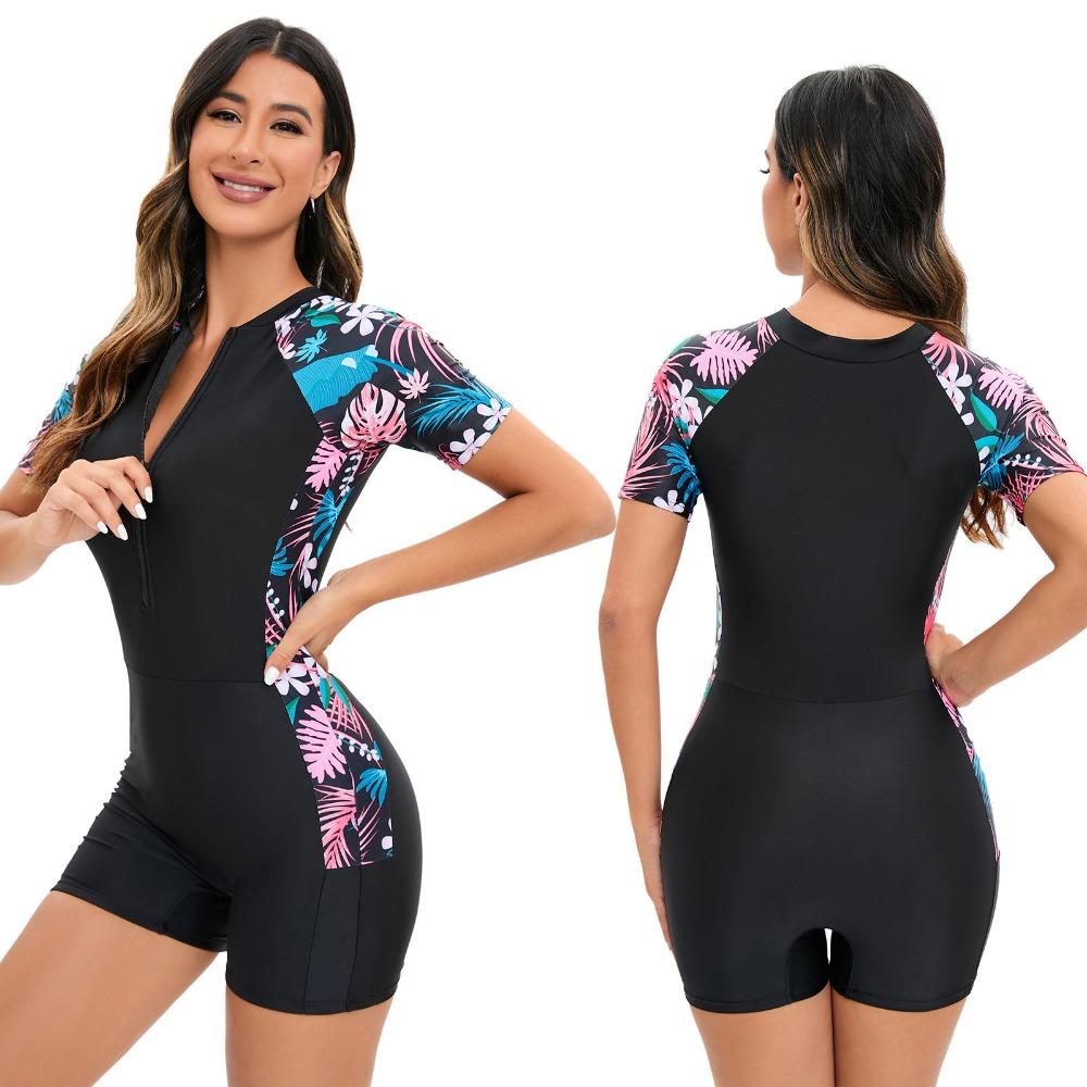 

Цельный спортивный купальник на молнии, женский купальник с короткими рукавами для серфинга, солнцезащитный костюм для сноркелинга XXL