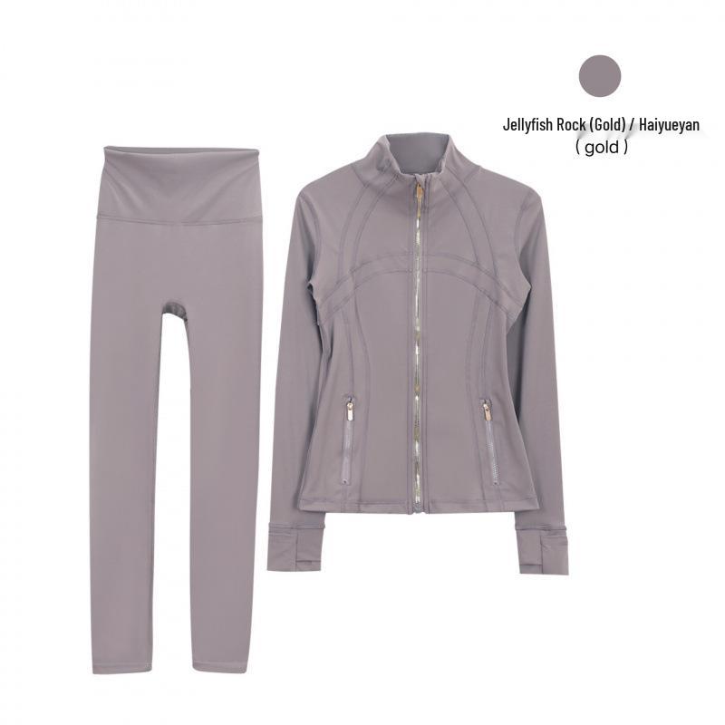 Lulu Original Gold Zipper Stand Collar Jacket & Cropped Yoga Pants Set - Women's Long Sleeve Tight Sports Suit