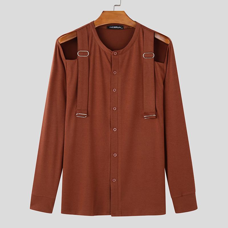 INCERUN Men's Cutout Long Sleeve Strap Patchwork Buttons Casual T-shirts Tops Undershirts