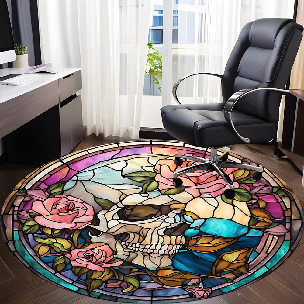 1pc Stained Glass Skull Roses Office Round Rug, Non-slip, Soft and Durable Office Rug for Interior Decoration, Perfect for Office yy260204027