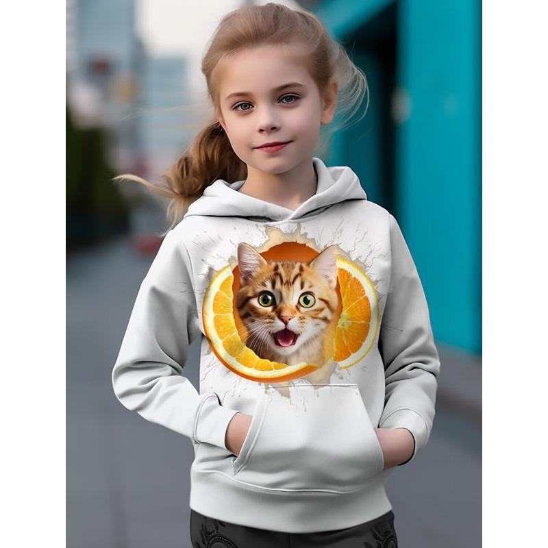 kids Hoodies 3D Print Cartoon Cat Orange Motifs Streetwear Boys Girls Sweatshirts Oversized Hoodie Kawaii Pullovers Tracksuits