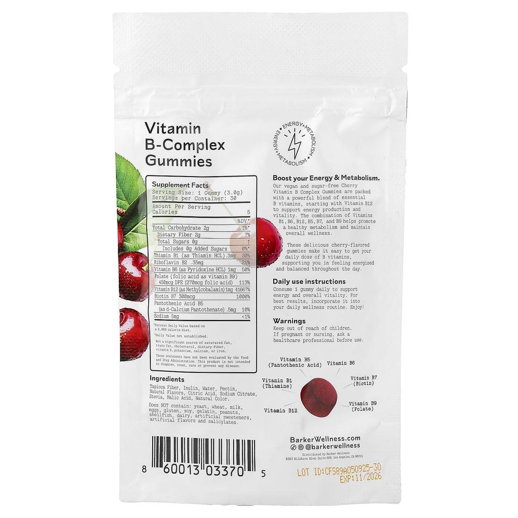 Barker Wellness Co., Vitamin B Complex Gummies, Cherry Flavor, 30 Gummies