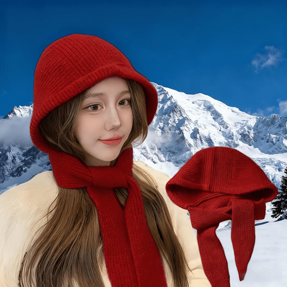 Womens Fall Winter Balaclava Cap Shawl Scarf Integrated Hood Wind Resistant Cozy Ear Neck Protector Knitted Beanie
