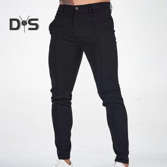 Herren-Hosen, schmale Passform, einfarbig, mittlere Taille, weich, dünn, atmungsaktiv, Schrägtaschen, knöchellang, Knopf, Reißverschluss, lange Herren-Business-Hose