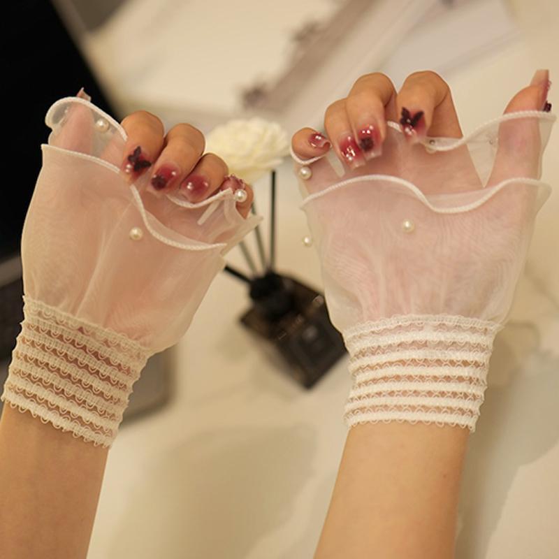 Lace False Sleeves Women'S Sweet Lace Mesh Pearl Bell Sleeves Wrist Sleeve For Weddings And Parties