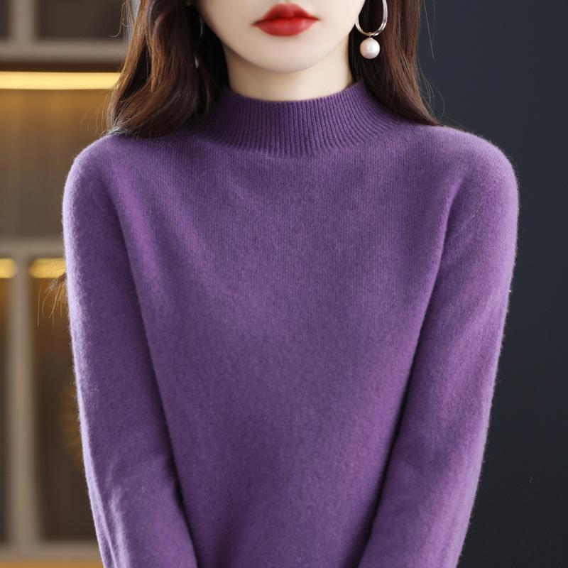 2025 Autumn/Winter Women's Pure Wool High Neck Cashmere Pullover - Solid Color, Loose Fit, Short Knit Sweater