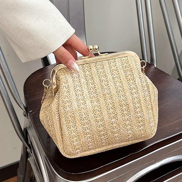 Charming White And Khaki 2024 Plaid Weave Handbag Soft Casual Crossbody Purse