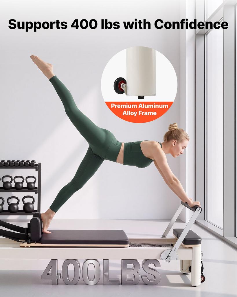 VEVOR Pilates Reformer with Tower 2.4m Pilates Machine 181kg Aluminum Alloy, for Home Use and Gym Workout, with Jump Board, Springs, Sitting Box