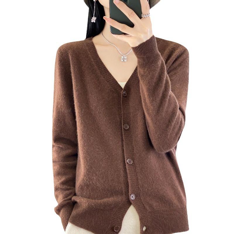 V-neck Cardigan Women's Spring and Autumn Solid Color Versatile Long-sleeved Top Skin-friendly Coat
