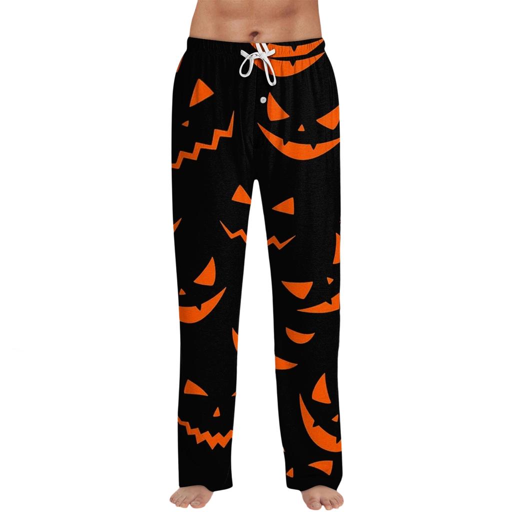 Mens Halloween Printed Drawstring Lounge Pants Casual Relaxed Fit Sleepwear Trousers with Pumpkin Pattern Design