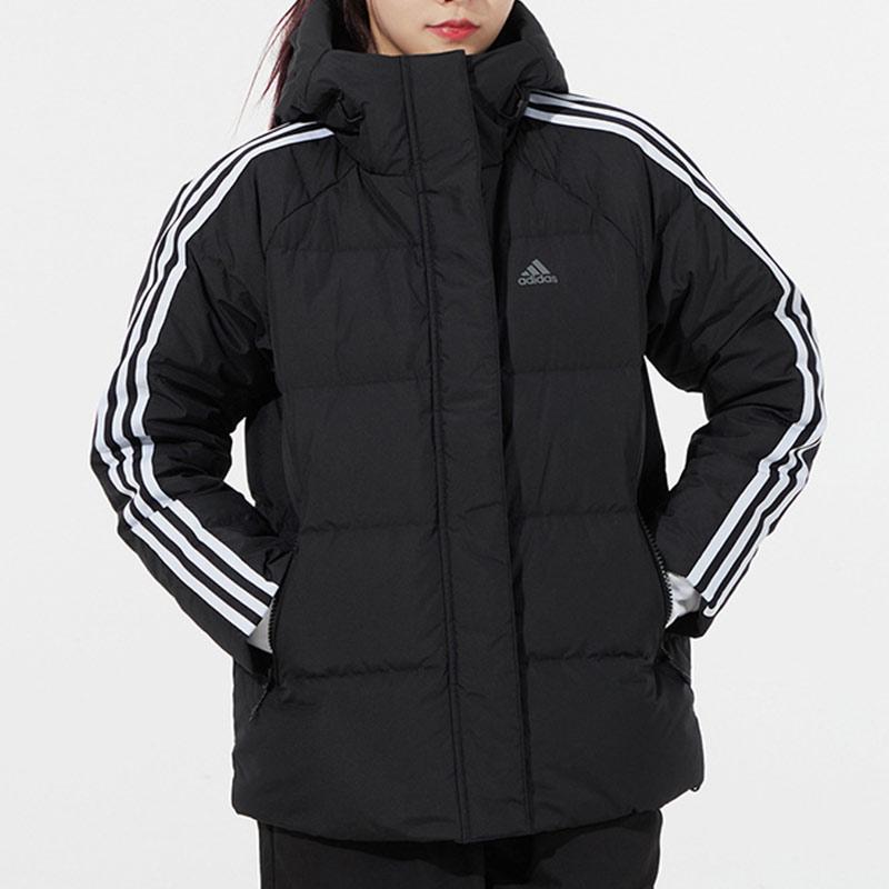 Adidas 3-Stripe Puff Jacket with Double-Knit Zip Pockets and Hood Women Outerwear Black H23063