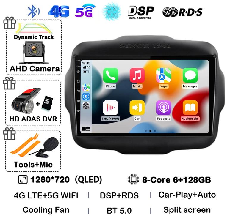 Android 14 Auto Carplay WIFI+4G LTE Car Radio For Jeep Renegade 2016 2017 2018 2019 2020 Multimedia Player GPS Stereo 360 Camera