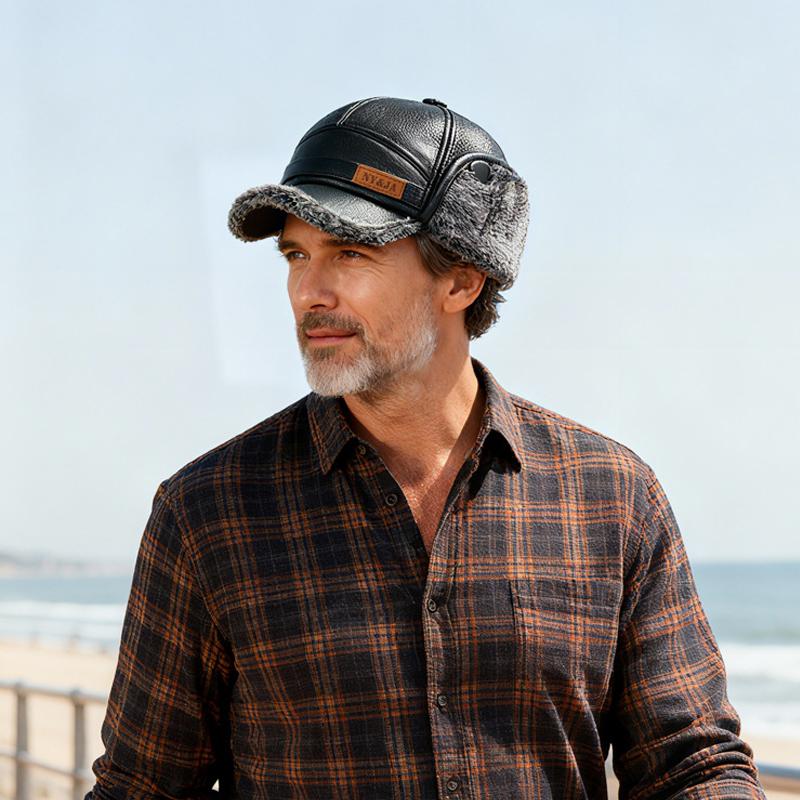 Férfi Őszi Téli Vastag Meleg Fülvédős Bőr Sapka Középkorú és Idős Pamut Sapka Apa Sapkája Hidegálló Sapka