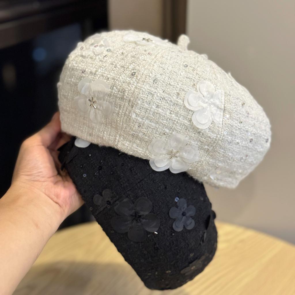 New Temperament Beret Ins Literary Style Small Fragrance Shopping Fashion Sequin Flower Face Small Octagonal Beret Hat