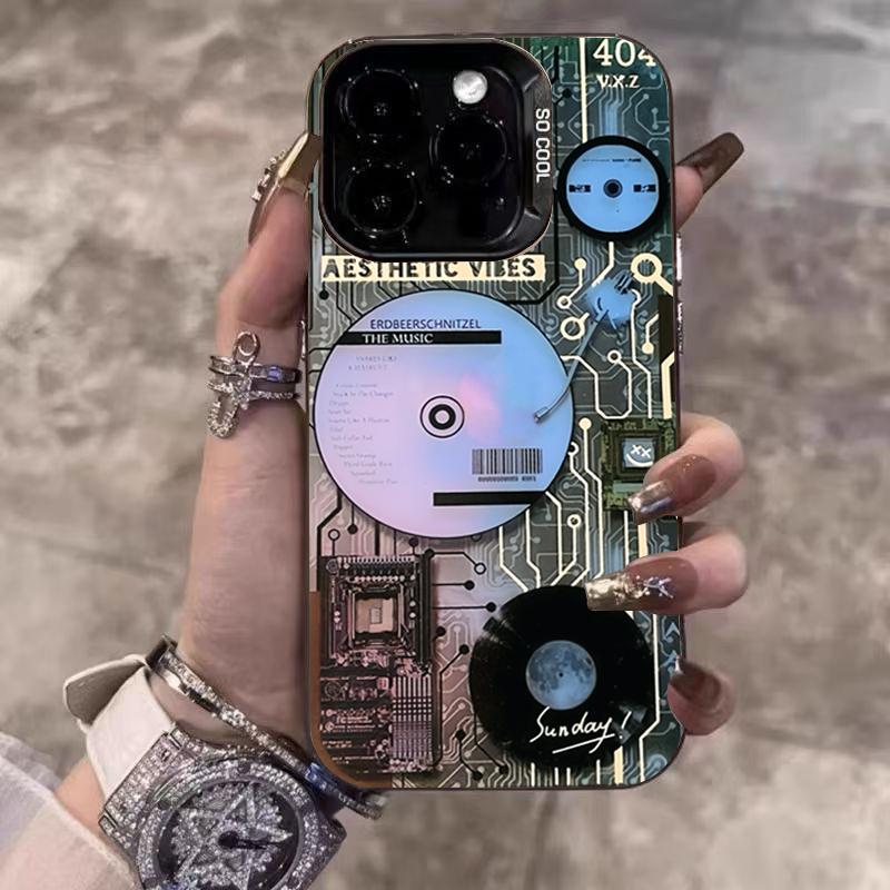 Retro Record Player Electroplate Silver IMD Phone Case For iPhone 16 Pro Max 15 14 13 12 11 Pro 16E 7 8 Plus X XS XR SE Cover