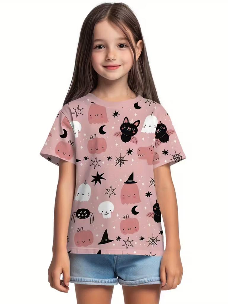 T-Shirt for Girls Halloween Cartoon Pumpkin Print Round Neck Short Sleeve Tops Fashion Girls Clothes Holiday Children's Clothing