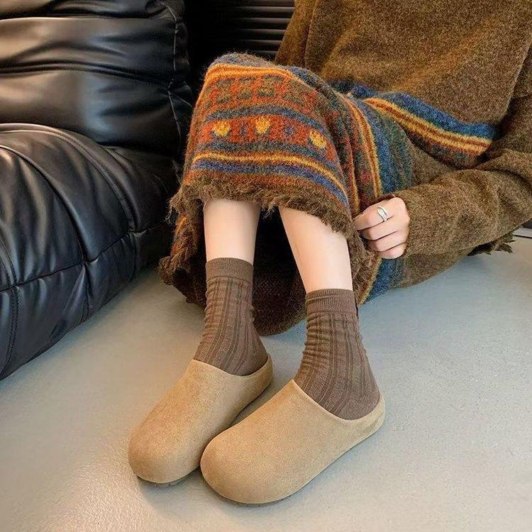 Retro style platform Birkenstocks, new velvet bag head half slippers, cotton slippers for autumn and winter