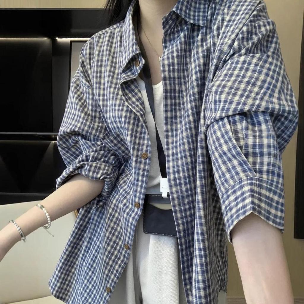 Women's Early Autumn Casual Blue Plaid Jacket-Shirt, American Retro Style
