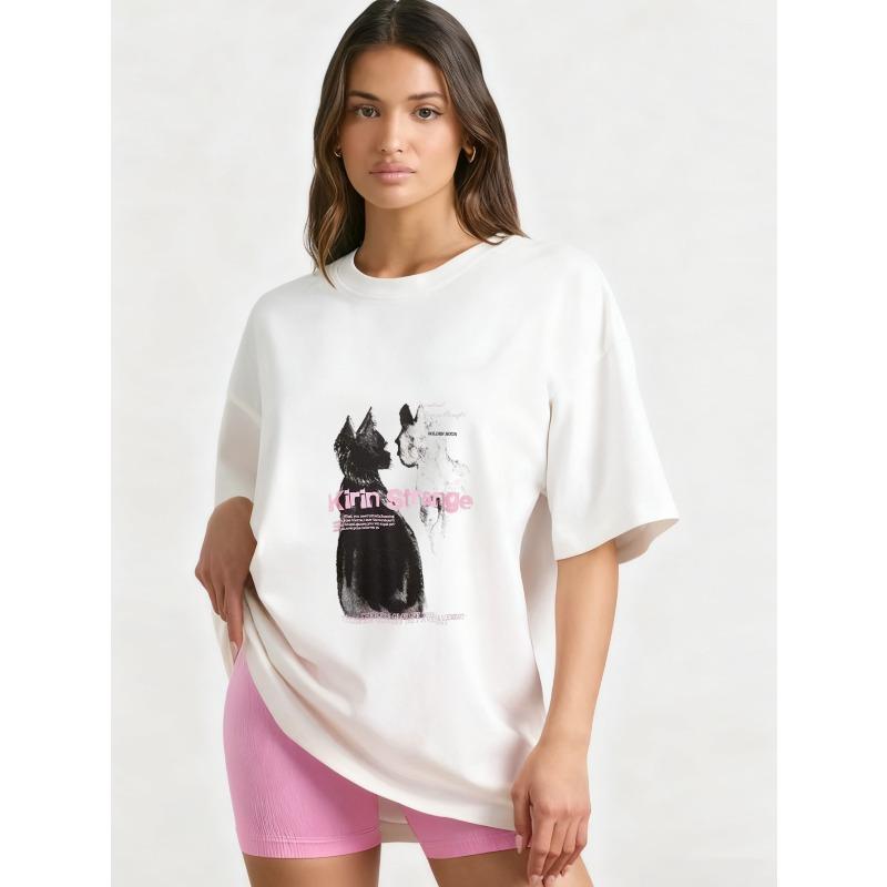 

Oversized T-Shirt Black Cat And Ghost Print With KIRIN Strange Text Casual Streetwear For Women XXXL белый