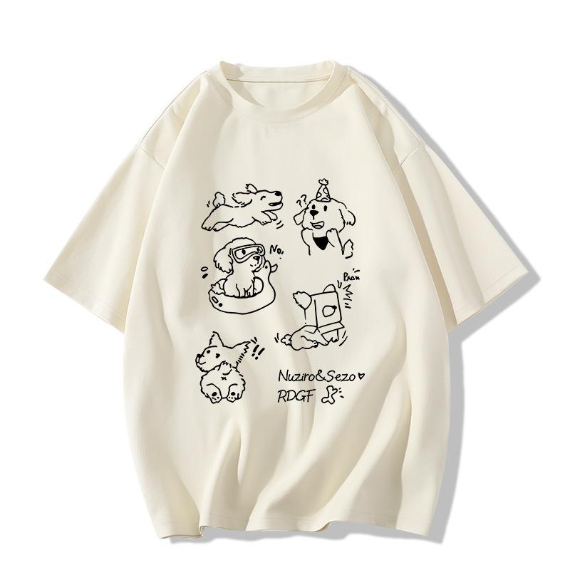 Ladies Summer Short Sleeve Round Collar Pullover Casual Sketch Puppy Printed Teenager Oversize T Shirt Top