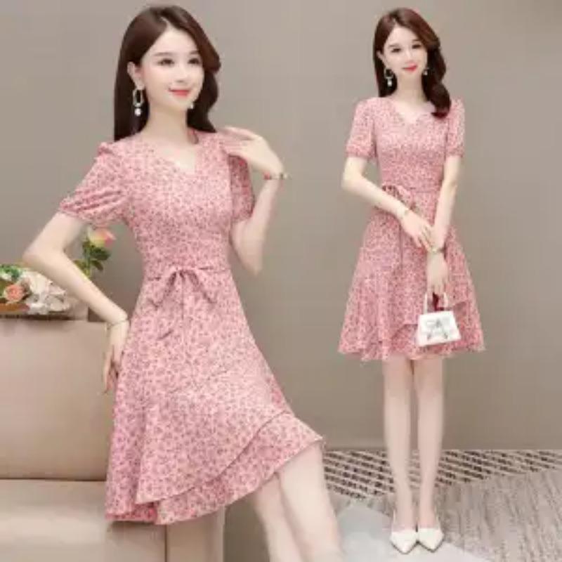 Vestido Midi Floral Morado de Manga Abullonada con Cuello en V para Mujer