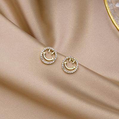 Silver Needle Smiley Face Stud Earrings Temperament Hollow Diamond Set Smile Exquisite Small Earrings Sweet Versatile Earrings