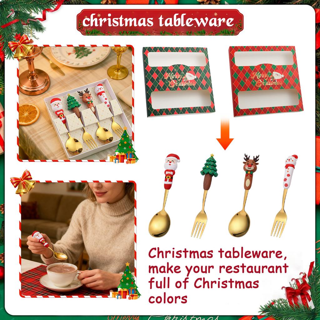 Christmas Coffee Spoons Forks Set Stainless Steel Spoon Forks Christmas Gifts for Kids Fruit Fork Coffee Spoon Dessert Spoon Set