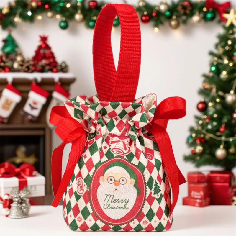 Christmas Canvas Drawstring Bag Christmas Candy Gift Packaging Bag Cartoon Handbag for Apple DIY New Year Xmas Home Party Supply