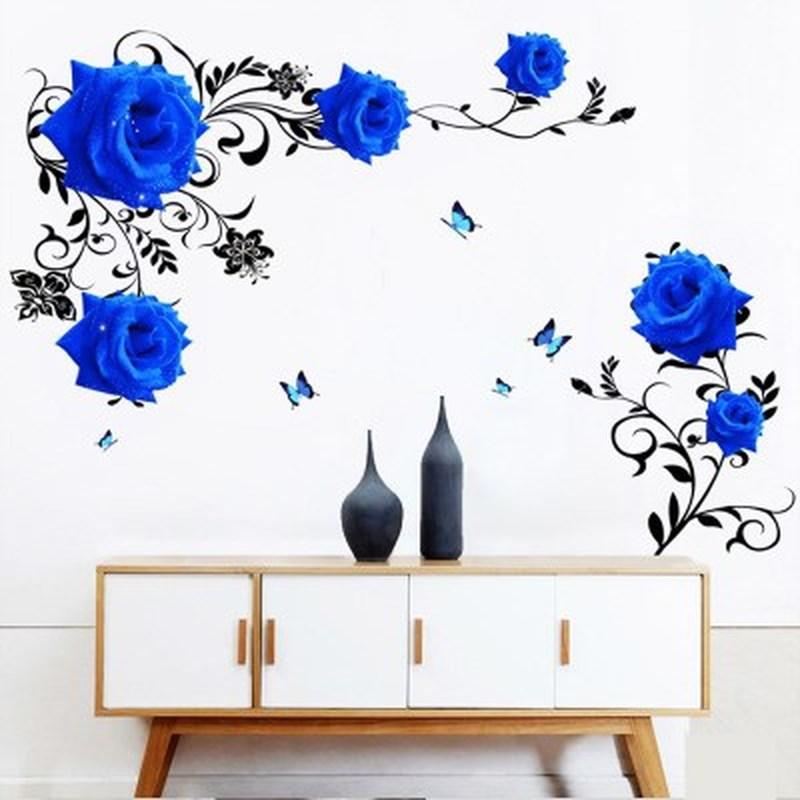 DIY Large Blue Rose Flowers Living Room Decoration Wall Stickers Sofa TV Entrance Background Wall Decals Removable Vinyl Posters