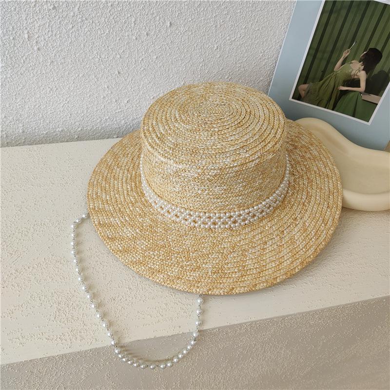 French pearl neck chain flat top straw straw hat sun hat women's summer versatile temperament socialite seaside hat