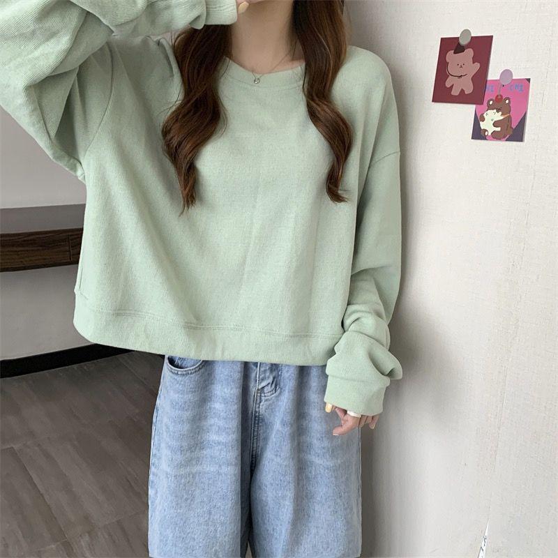 2024 Korean Style Women's Solid Color Hoodie: Fashionable, Loose, Long Sleeve, Round Neck, Short, Versatile Top for Spring/Autumn.