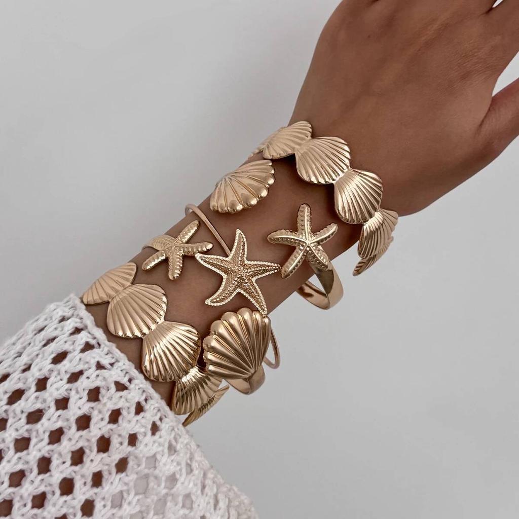 Salircon 12Pcs/Set Exaggerated Hip Hop Starfish Scallop Open Cuff Bangles Rings Women Irregular Bracelet Beach Party Jewelry Set