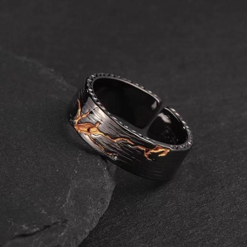 Personlity Adjustable Ring Male Copper Jewelry Opening Size Popular Gold Black Collision Lava Ring For Men Anniversaty Gift