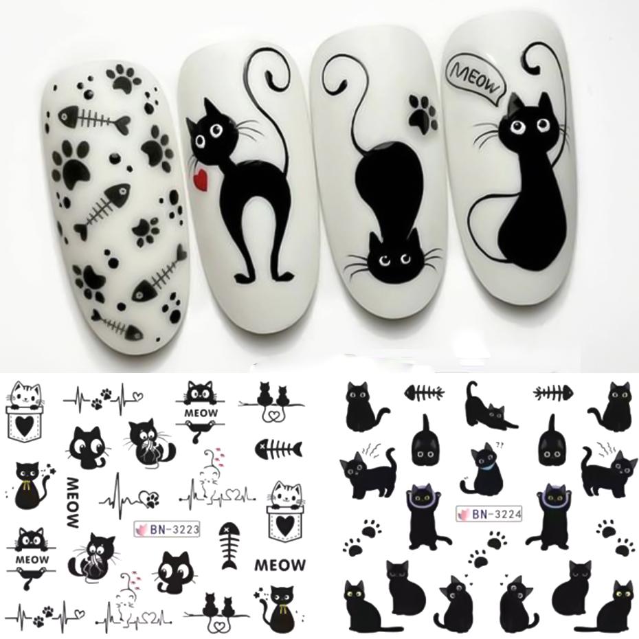 12pcs Cartoon Cute Cat Stickers For Nails Star Flower Bow Nail Water Decals Sliders Korean Japanese Nail Art Manicure Decoration