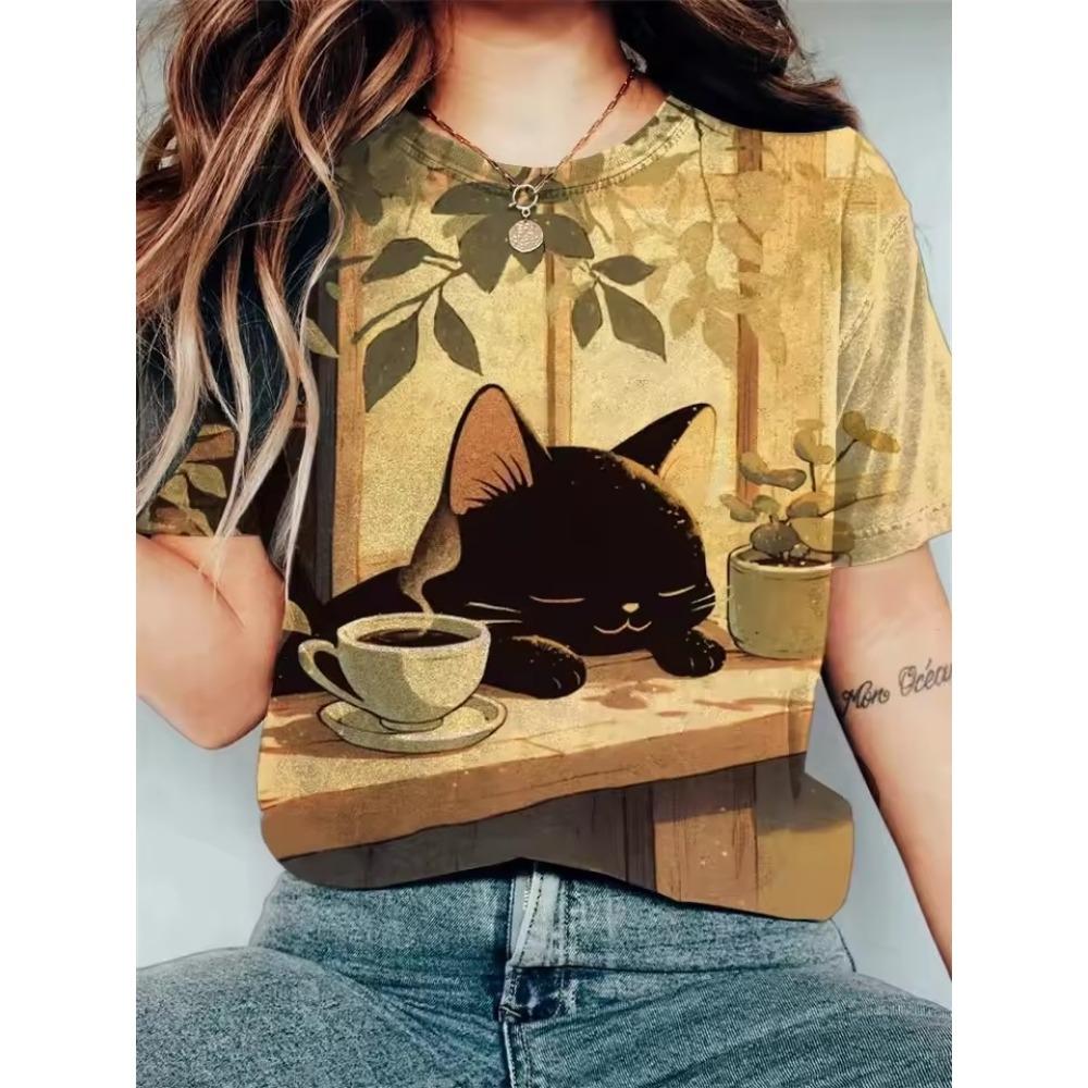 Cartoon Character Pattern Denim Print Round Neck T-shirt for Spring and Summer Casual Short Sleeved Top Women's Clothing